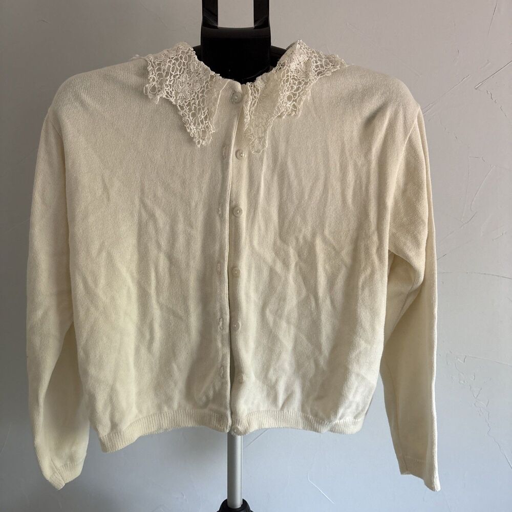 Crochet Lace Collar Cardigan Small Off White Romantic USA Made